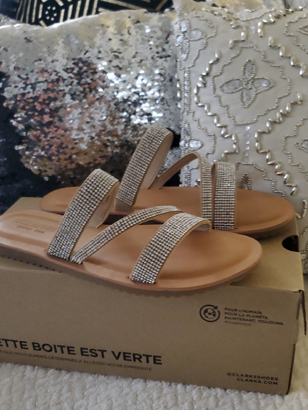Women's SILVER Slip-On Sandals with Rhinestone Straps